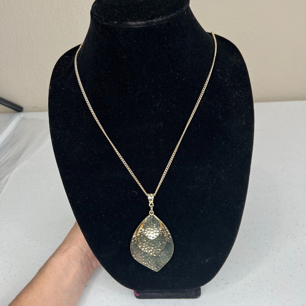 Three‎ Layered Abstract Leaf Pendant Necklace Hammered Metal in Gold Tone
